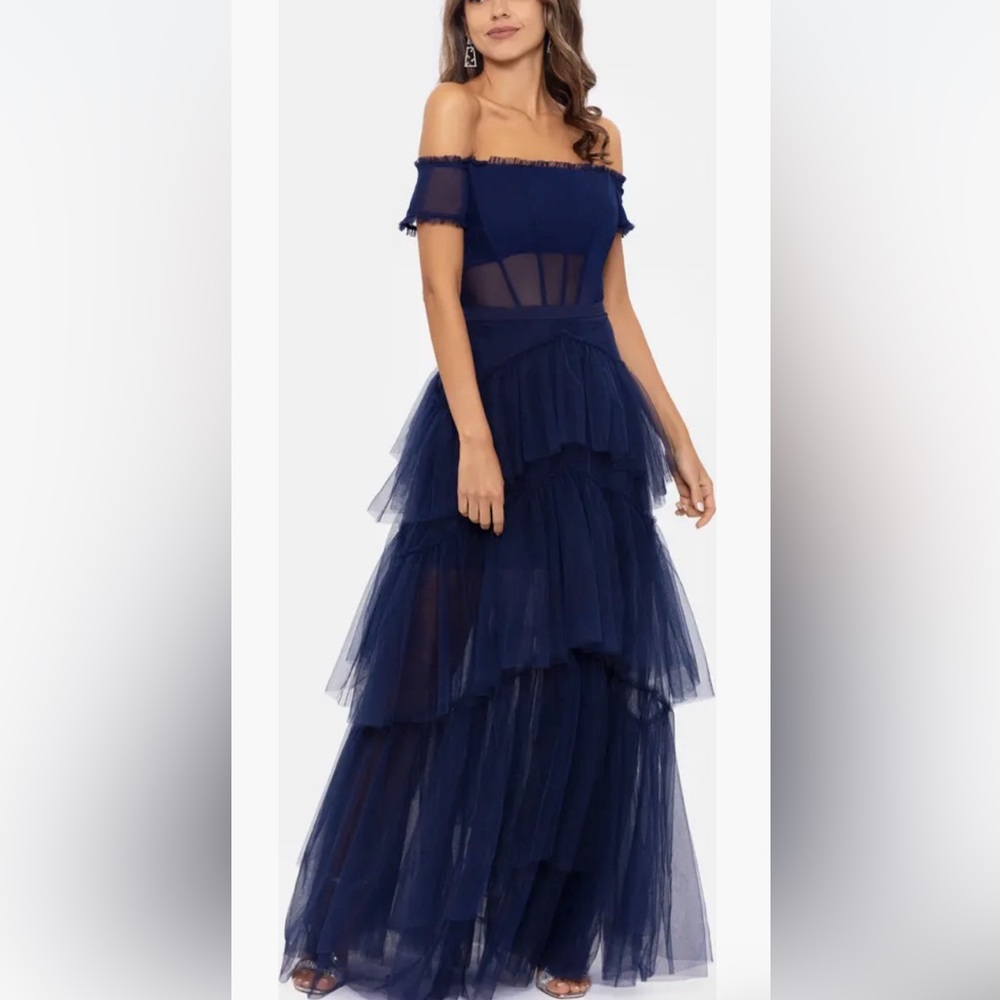 Betsy & Adam Ruffle Off Shoulder Tiered Gown